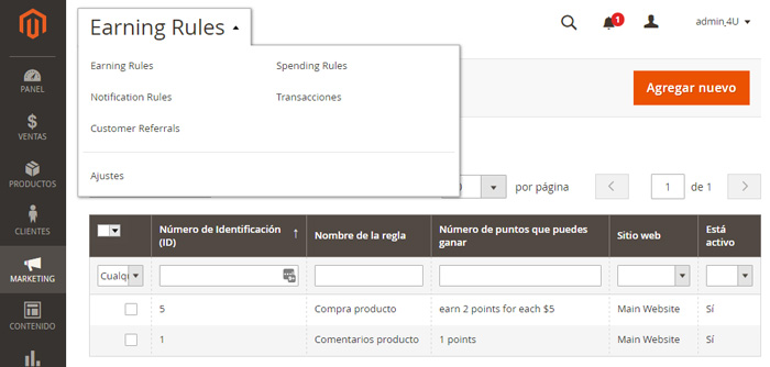 Tablero sistema de puntos Magento2